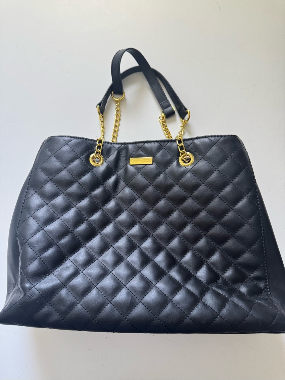 Quilted Black Shoulder Tote with Gold Chain Accents